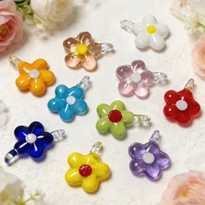 Colorful glass flower pendants, mini five-petal charms for DIY jewelry making accessories.