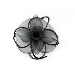 Détail accessoire cheveux fleur résille et plume noire, coiffe fascinator élégante.