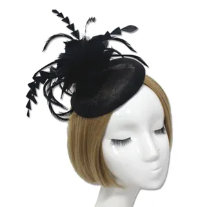 Cappello fascinator in sinamay nero con piume e rete copricapo elegante per festa matrimonio capelli