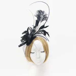 Black feather fascinator hat with mesh veil and floral decor for parties and weddings.