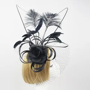Elegant black feather fascinator mesh hat for women wedding cocktail party tea party headpiece