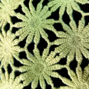 Dettaglio ravvicinato di tessuto da ricamo in cotone floreale cavo verde chiaro.