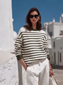 Casual striped knit sweater for women, cozy crew neck pullover with contrast cuffs.