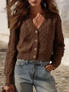 Brown cable knit cardigan with V-neck, front buttons, and delicate textured details.