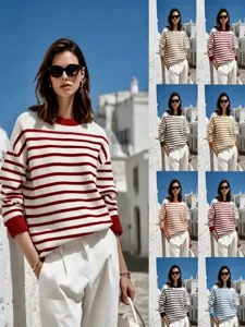 Women Casual Striped Contrast Cuff Crew Neck Long Sleeve Knit Pullover Sweater Loose Fit Fall Fashion Knitwear