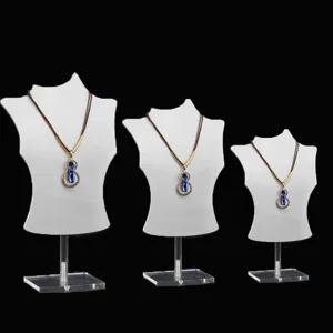 Acrylic necklace display stand set, white mannequin bust jewelry holder for retail shop showcase.