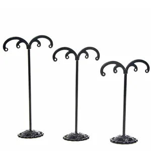 Set of 3 black metal earring display stands jewelry holder tree rack organizer for retail boutique.