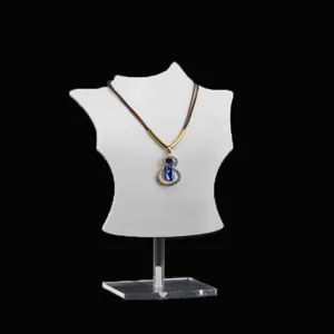 Acrylic necklace display stand with white bust and clear base, perfect for jewelry showcase.