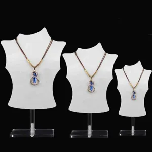 Acrylic necklace display stand, jewelry bust showcase holder, retail shop counter prop.