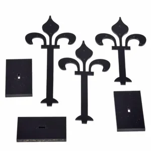 Black acrylic earring display stand components, detail view of stands and slotted rectangular bases.