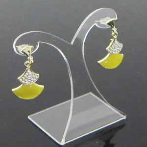 Elegant fan-shaped rhinestone drop earrings displayed on a clear acrylic stand.
