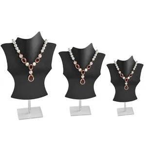 Acrylic necklace display stands set, black mannequin jewelry holder for showcase and retail.