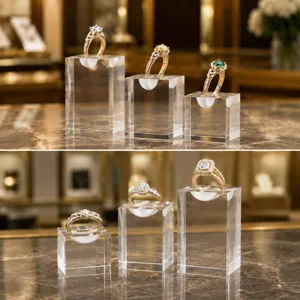 Detail view of transparent acrylic ring display stands, perfect for jewelry showcase and storage.