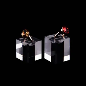 Clear acrylic ring display stand for jewelry retail showcase and store organization.