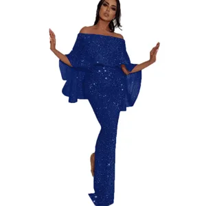 Detailansicht des eleganten königsblauen Pailletten-Off-Shoulder-Abendkleids mit Rüschen.
