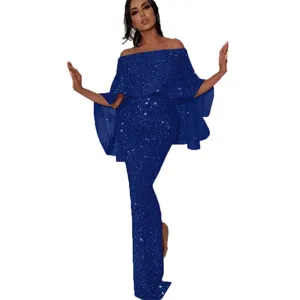 Damen schulterfreies Glitzer Abendkleid elegante blaue Maxikleid Partykleid mit Umhang.