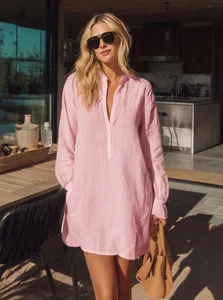 Pink long sleeve henley tunic shirt, casual minimalist vacation loose top for women.