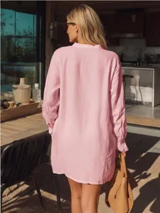 Pink casual loose long sleeve shirt detail view, resort wear style, comfortable daily outfit.