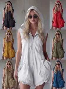 Damen Casual Vintage Mit Kapuze Reißverschluss Ärmellos Einifarbig Leinenmischung Jumpsuit Lockerer Romper Mit Taschen Sommer Streetwear