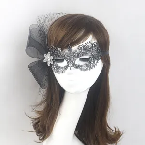 Mascherina in Pizzo e Strass di Lusso Grigio Argento Fiocco in Rete per Festa di Halloween Carnevale