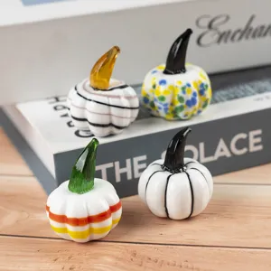 Decorative glass pumpkin figurines for desktop, colorful handmade art ornaments for home decor.