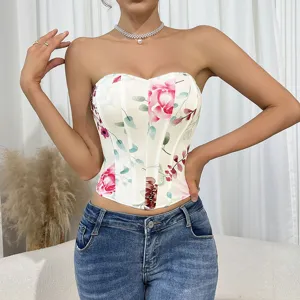 Floral print strapless corset top, sexy backless fishbone bandeau for women trendy wear.