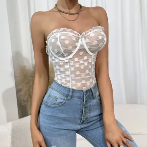 Sexy sheer polka dot mesh underwired bodysuit for women, elegant ruffled layering top.