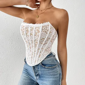 White lace corset top featuring a strapless sweetheart neckline, floral lace overlay, and structured boning.