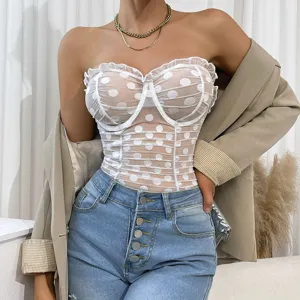 Close up view of white polka dot sheer mesh underwired bustier bodysuit detail.
