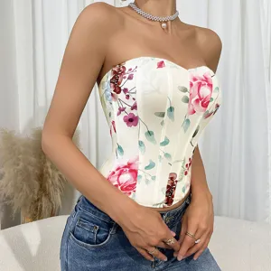 Detailed view of floral print strapless corset top with boning design, backless style.
