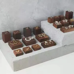 Walnut wood jewelry display props detail square wooden block for rings and earrings show