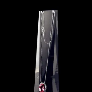 Clear acrylic necklace display stand featuring a sparkling crystal pendant necklace detail.