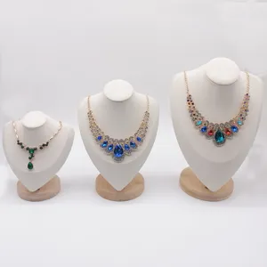 White microfiber jewelry display bust necklace holder with wooden base showcase stand set of 3