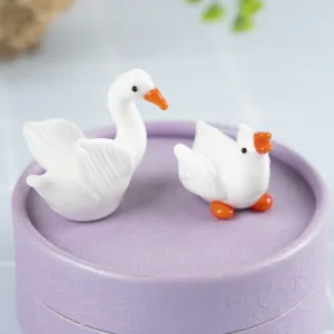 Cute handmade glass white goose figurines set, miniature desktop decor and photography props.