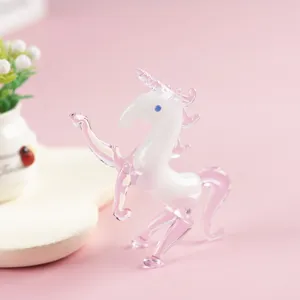 Handmade glass unicorn figurine, cute pink crystal animal desktop ornament for home decor.