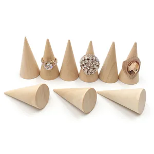 Wooden ring display cone set for jewelry store counter ring holder storage organizer detail.