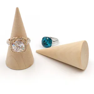 Solid wood cone ring display stand set with elegant decorative rings for retail jewelry shops.