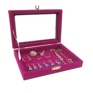 Rosa Samt Schmuckdisplay Stifte Box mit klarem Deckel fuer Ringe Ohrringe Oesen.