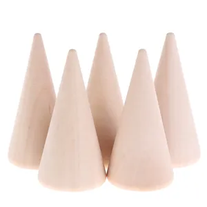 Solid wood cone ring holders, natural grain detail, set of five jewelry display stands.