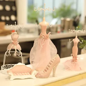 Jewelry Display Stand Set 5 Pieces Pink Fabric Metal Necklace Ring Earring Organizer Holder Stand Home Dresser Decor