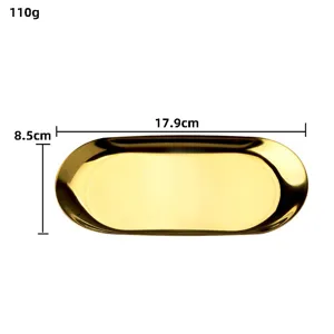 Plateau à bijoux en acier inoxydable doré nordique, plat en métal ovale, 17,9x8,5cm.