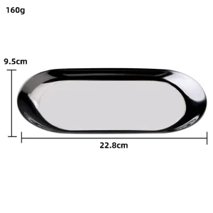 Vue détaillée du plateau à bijoux ovale en acier inoxydable noir avec dimensions.