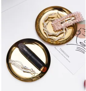 Plateau a bijoux en acier inoxydable nordique petite plaque ronde decorative en metal dore