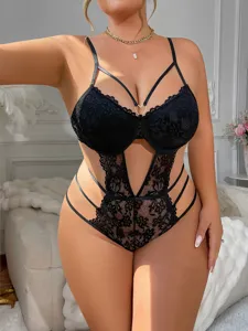 Plus size black lace sexy teddy lingerie with underwire cutout design for women daily.