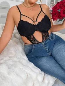 Detailed view of plus size black lace cut-out bodysuit with underwire design and soft fabric.