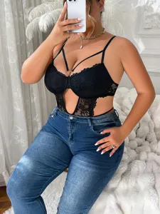Sexy black lace hollow out underwire bodysuit detail view, perfect for stylish plus size layering outfits.