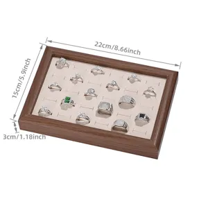 Walnut wood ring display tray with beige velvet insert for jewelry storage and organizer.