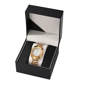 Luxury gold quartz watch with metal band displayed in elegant black gift box for men women