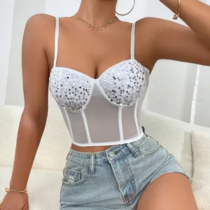 Sektionales weißes Pailletten Mesh Bustier Oberteil mit Bügel und Stäbchen Detail.