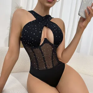Sexiger schwarzer Mesh-Korsett-Body mit Strassbesatz und elegantem Kreuz-Halter-Ausschnitt.